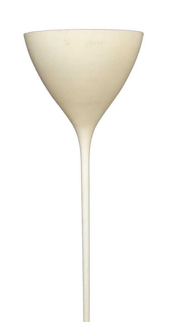 MID-CENTURY MODERN MAX BILL (ATTRIB.) FLOOR LAMP: Mid-century modern torchiere floor lamp, c. 1960s-1970s, design attributed to Max Bill (Switzerland, Germany, 1908-1994), in white enameled finish, tulip shade concealing single light, tapered standar