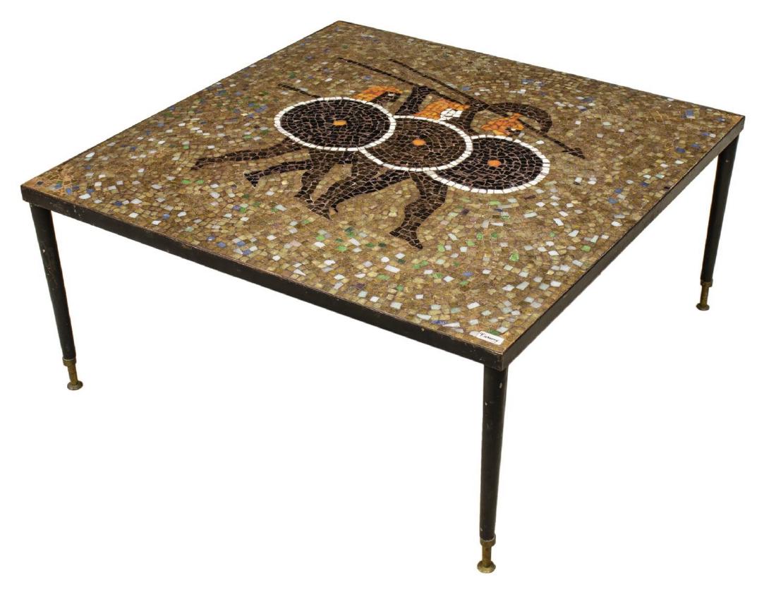 MID-CENTURY VARRENY MOSAIC TOP COFFEE TABLE MEXICO: Mid-century modern coffee table, c.1960s, Mexico, signed Varreny, in the style of Juan O'Gorman (Mexico, 1905-1982), having mosaic tabletop with depiction of three Spartan soldiers, rising on tapered