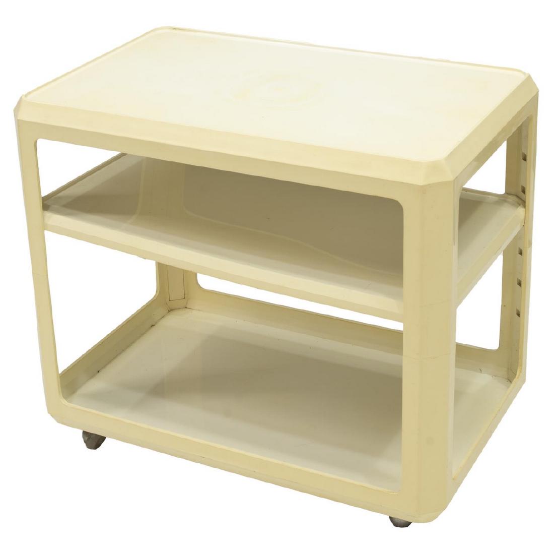 ALBERTO ROSSI (1921-1976) KARTELL MCM SERVICE CART: Italian mid-century modern plastic rolling bar cart, c. 1960s, designed by Alberto Rosselli (Italy, 1921-1976) for Kartell, tiered shelving (central lacking two metal supports, moving on castors, some