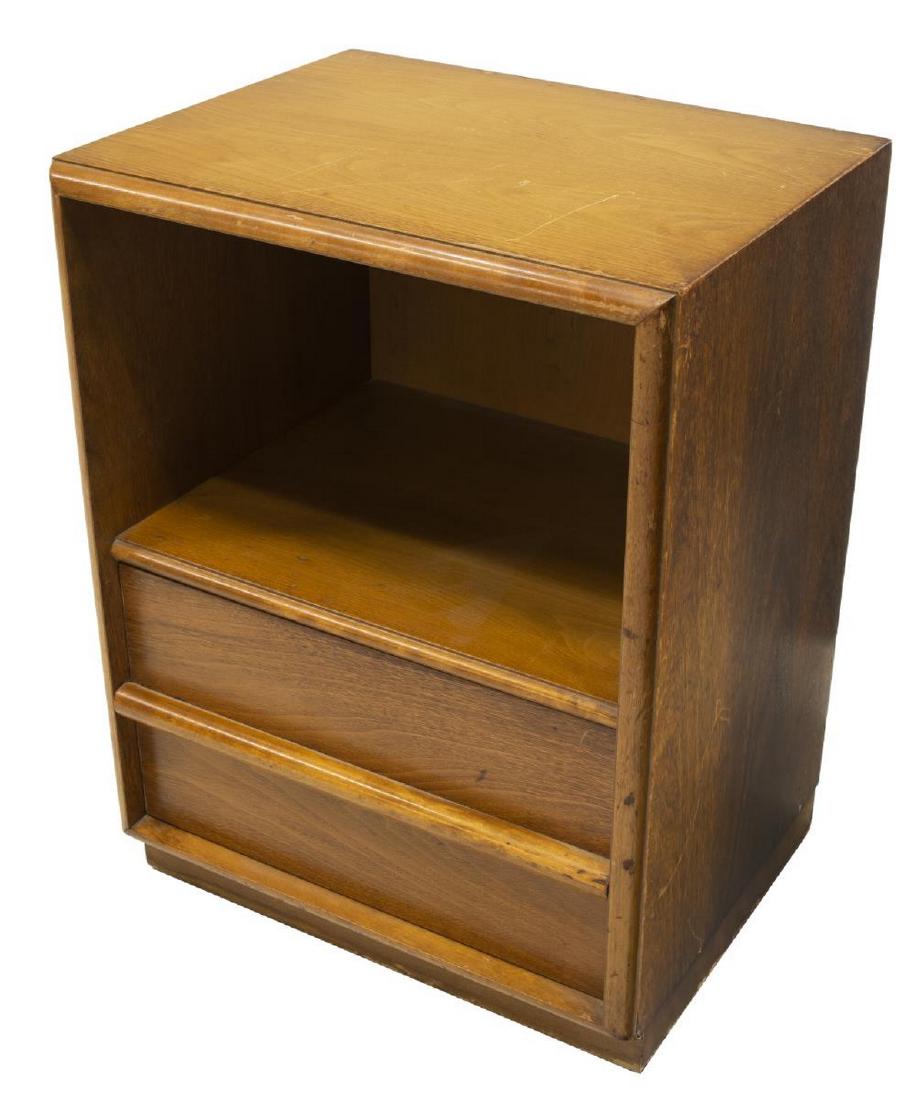 T.H. ROBSJOHN-GIBBINGS WIDDICOMB NIGHTSTAND: Mid-century modern nightstand, designed by T.H. Robsjohn-Gibbings (England, 1905-1976) for Widdicomb, having rectangular case, fitted with open shelf over drawer, on plinth base, retaining label to dr