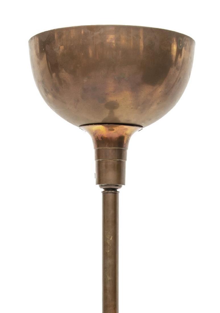 MODERNIST COPPER FLOOR LAMP STYLE OF MUTHESIUS: Modernist copper-tone metal floor lamp, in the style of Eckart Muthesius (Germany, 1904-1989), torchiere shade, concealing single mogul base light, cylindrical standard, on circular foot, unmarked, ap