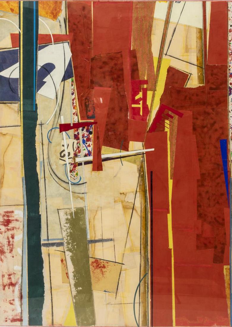 JOHN PAVLICEK (B.1946) FRAMED MIXED MEDIA COLLAGE: Framed acrylic with mixed media collage on paper, "Ensemble I," signed lower left Pavlicek (John Pavicek, Texas, b.1946), image: 49"h, 35"w, overall: 69"h, 52.5"w Start Price: $150.00
