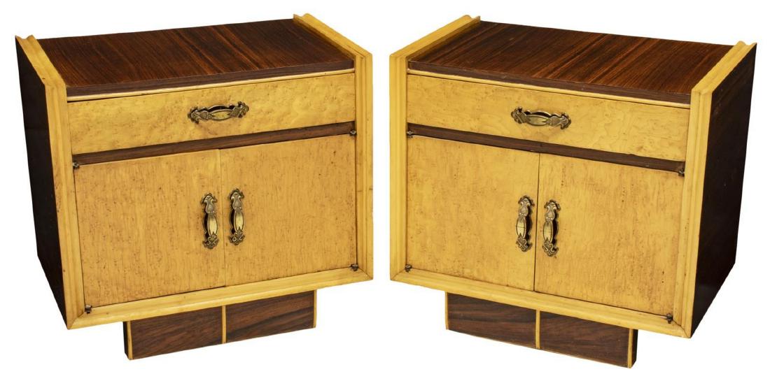 (PAIR) FRENCH ART DECO STYLE NIGHTSTANDS: (pair) French Art Deco style bedside cabinets, mid 20th c., rosewood veneered case, fitted with a single drawer over double-door cabinet, drawer and door fronts in contrasting birdseye maple finish, r