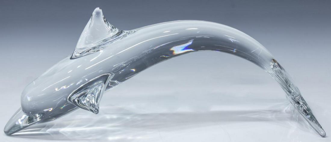LARGE DAUM FRANCE COLORLESS ART CRYSTAL DOLPHIN: Large Daum France colorless art crystal dolphin, etched signature to one side, approx 8"h, 20"l, 6.5"w, 11lbs Start Price: $80.00