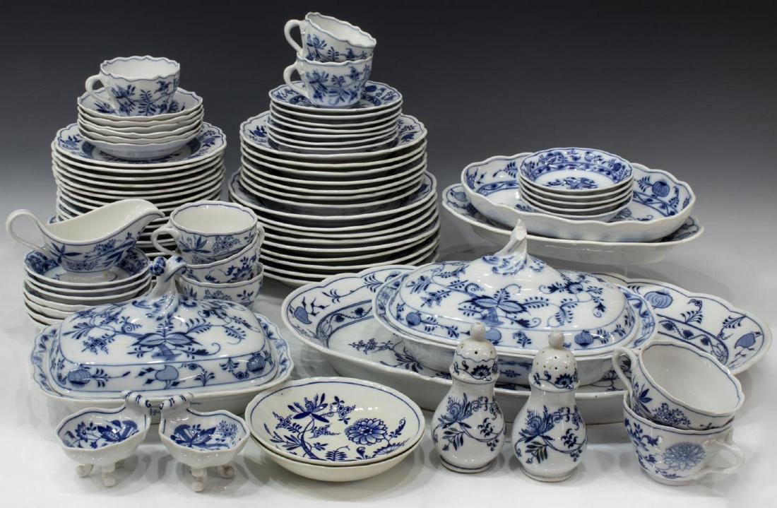 (78) BLUE ONION PATTERN ASSEMBLED DINNER SERVICE: (lot of 78) Extensive Blue Onion pattern porcelain dinner service, early 20th c., assembled with various makers, including: (42 pieces) Carl Teichert, Meissen, Germany with (four) dinner plates, 9.5"d