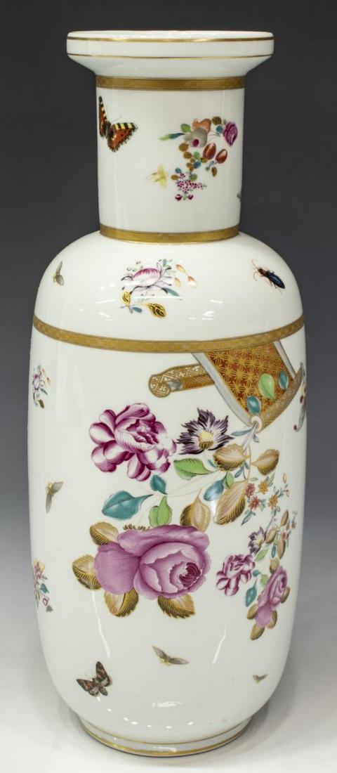 MOTTAHEDEH 'LOWESTOFT ROSE' PORCELAIN VASE: Mottahedeh porcelain vase, 20th c., in the Lowestoft Rose pattern, showing polychrome flowers, bugs, and scrolls, having parcel gilt accents, marked to the underside, approx 18"h, 6.75"diam, 3.75lbs S