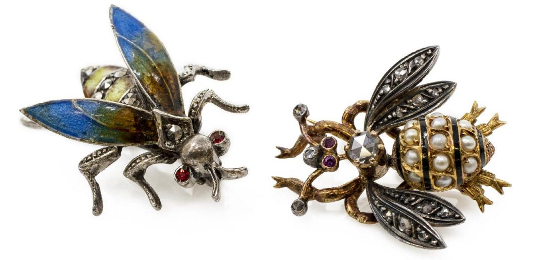 2)VICTORIAN SILVER GOLD DIAMOND BEE & STERLING BEE: (lot of 2) Estate insect brooches/ pins, including: (1) Victorian silver topped gold bee pin, with ruby eyes, accented with diamonds, approx 0.15 cttw in diamonds, body set with small pearls and black