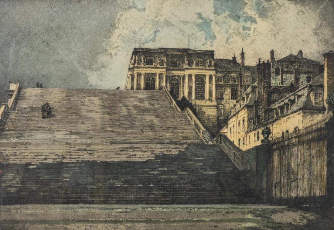 LUIGI KASIMIR (1881-1962) VERSAILLES ETCHING: Framed aquatint etching on paper, Stairs at the Palace Versailles, pencil signed lower right Luigi Kasimir (Slovenia, Austria, 1881-1962), dated in print 1913, sight: approx 23"h, 17.5"w, overall: app