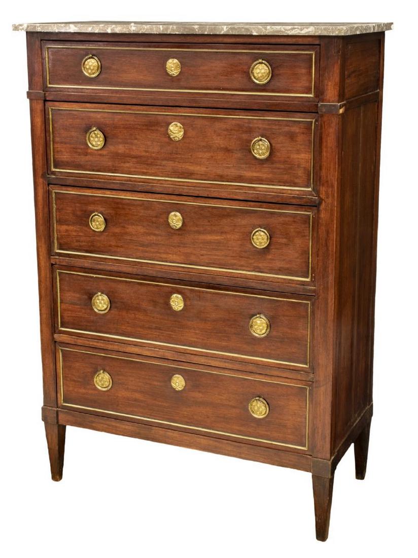 FRENCH LOUIS XVI STYLE MARBLE-TOP CHIFFONIER: French Louis XVI style mahogany chiffonier, late 19th c., having marble top, over case fitted with five drawers, drawer fronts with gilt metal trim and unusual ring pulls, rising on square tapered leg