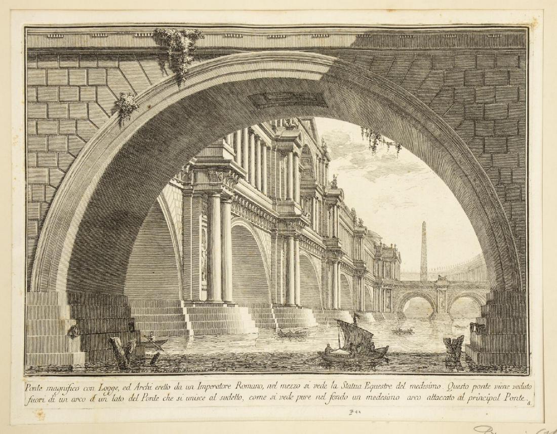GIOVANNI PIRANESI (1720-1778) "PONTE MAGNFICIO": Unframed matted etching, "Ponte magnfiico con Logge..." (Magnificent bridge with loggias, and arches erected by a Roman Emperor), c. 1750, lettered in plate Giovanni Battista Piranesi (Italy, 1720-177