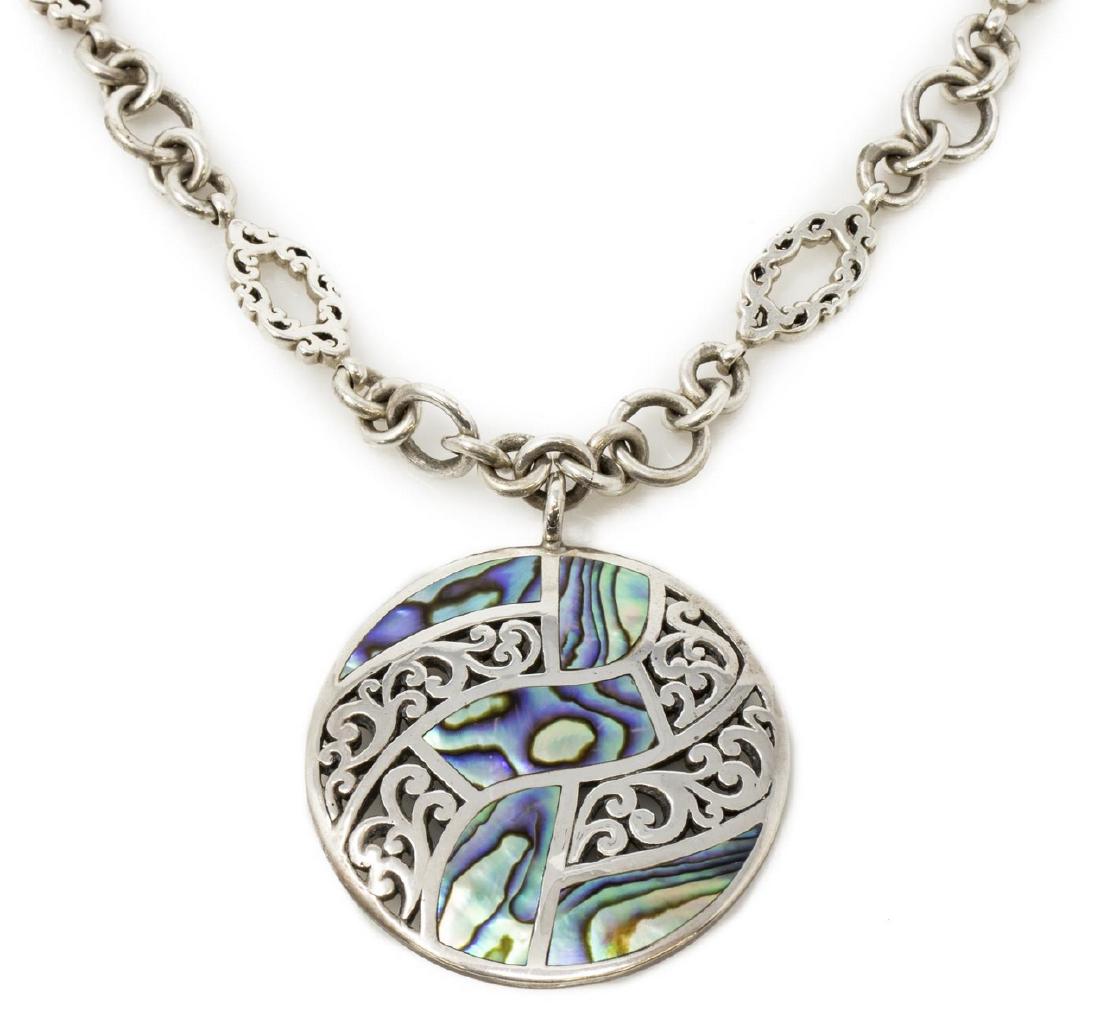 LOIS HILL STERLING & ABALONE PENDANT NECKLACE: Lois Hill sterling silver necklace, center pendant with signature scrollwork, accented with abalone shell inlay, on link chain necklace, toggle clasp, hanging tag stamped 925, approx 19"l (end to end)