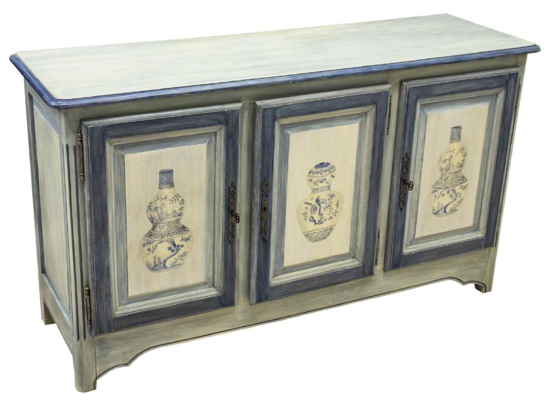 FRENCH SIDEBOARD IN DECORATIVE PAINTED FINISH: French sideboard, now in later painted finish, rectangular case with three doors decorated with blue and white porcelain gourd vases, rising on bracket feet, approx 32.75"h, 57.5"w, 17.75"d Start Pric