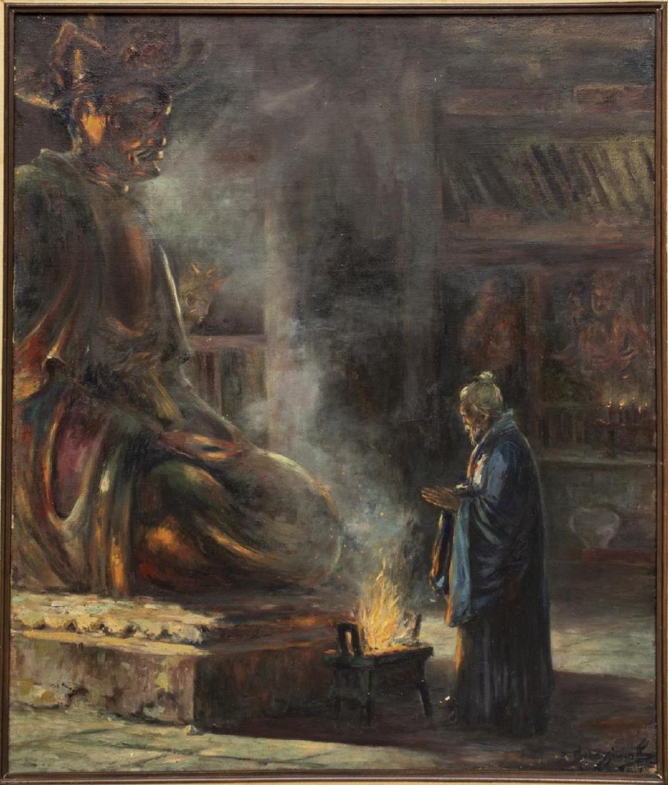 IVAN GERASSIMOFF BUDDHIST TEMPLE OIL PAINTING: Framed oil on canvas painting, Buddhist Temple, signed lower right I. Gerassimoff (Ivan Gerassimoff/ Gerasimov, Russia, China, fl.1945-1954), canvas: approx 29"h, 24"w, overall: approx 32.25"h, 27.25"