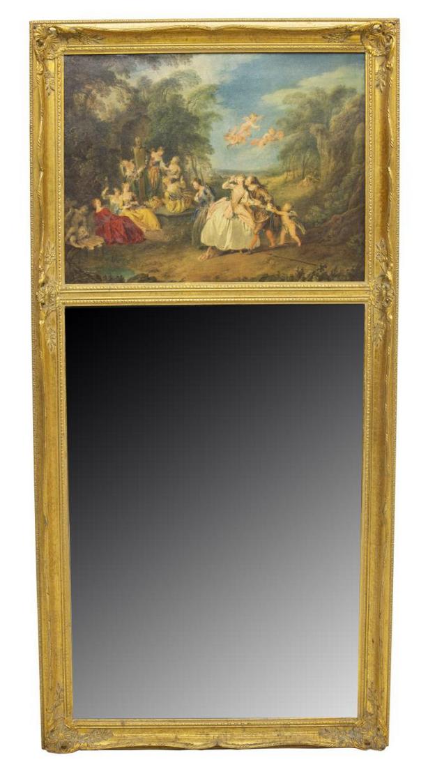 FRENCH TRUMEAU MIRROR W/ PAINTED SCENE: French trumeau mirror, 20th c., the gilt rectangular frame with carved foliates centering an oil on canvas depiction of Rococo style women and putti, above a flat mirror plate, approx 64.5"h, 31.25"w,