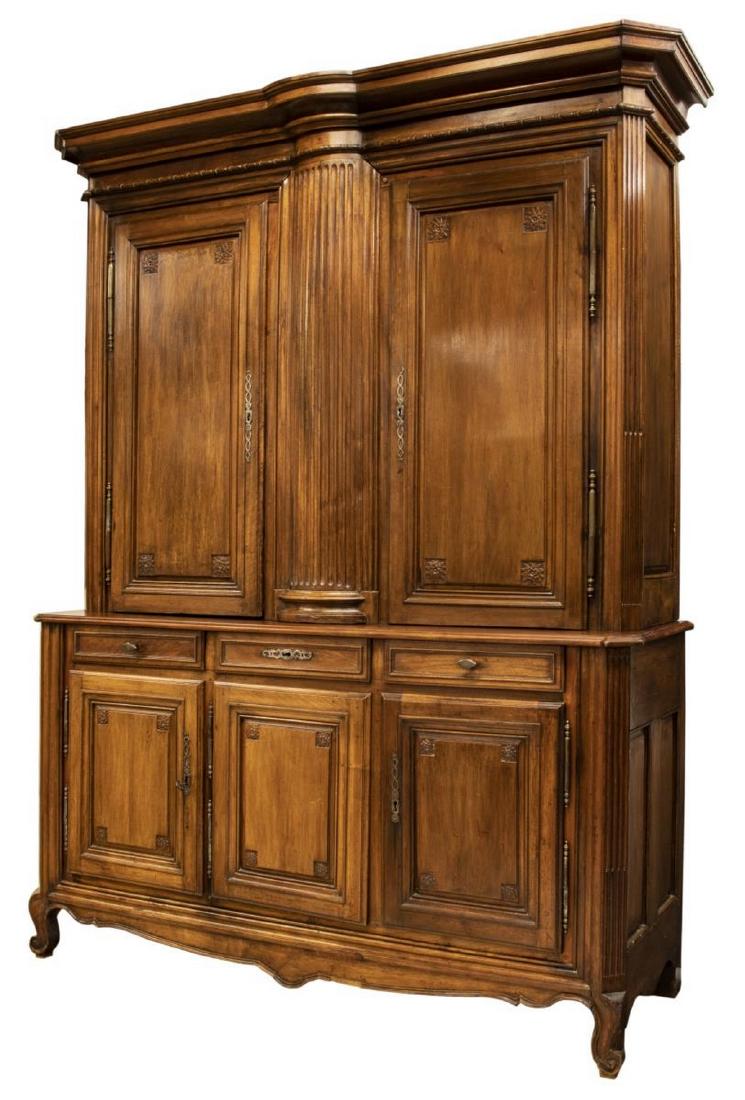 FRENCH WALNUT BUFFET A DEUX CORPS, 19TH C.: French walnut buffet a deux corps, 19th c., cornice top with canted corners, stepback upper case with centered fluted pilaster, flanked by cabinets opening to interior shelves, lower case fitted with 