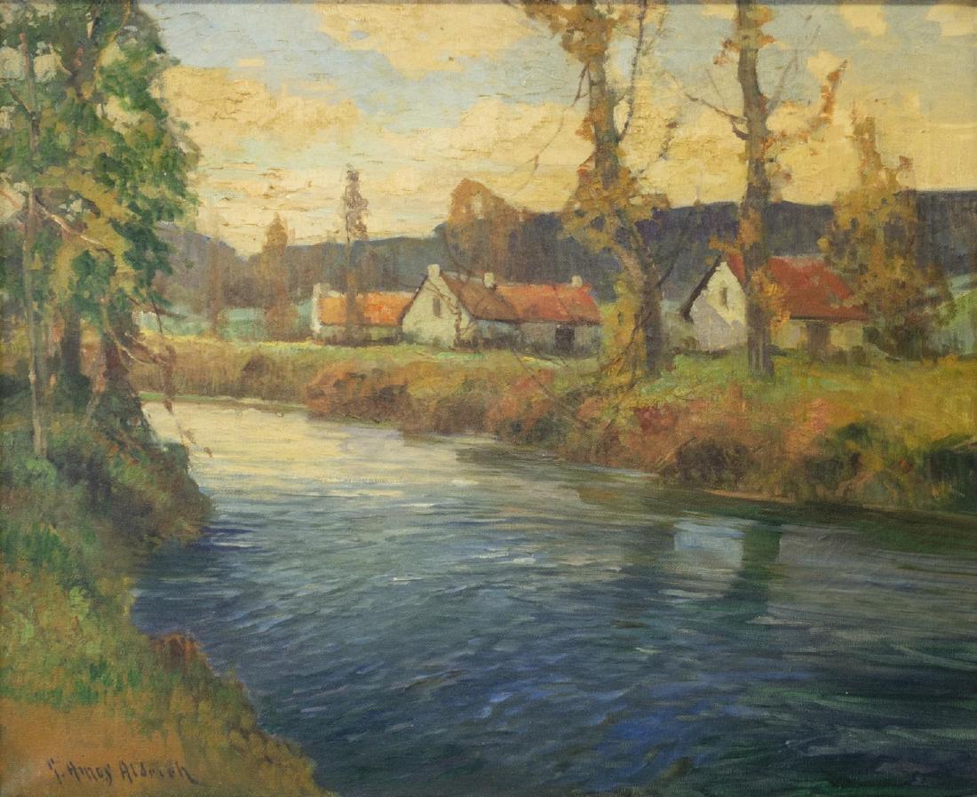 G. AMES ALDRICH (D.1941) NORMANDY CANAL PAINTING: Framed oil painting on canvas, Normandy Canal Scene, signed lower left G. Ames Aldrich (George Ames Aldrich, United States, 1872-1941), sight: approx 20"h, 24"w, overall: approx 26.5"h, 30"w, 10.25lbs