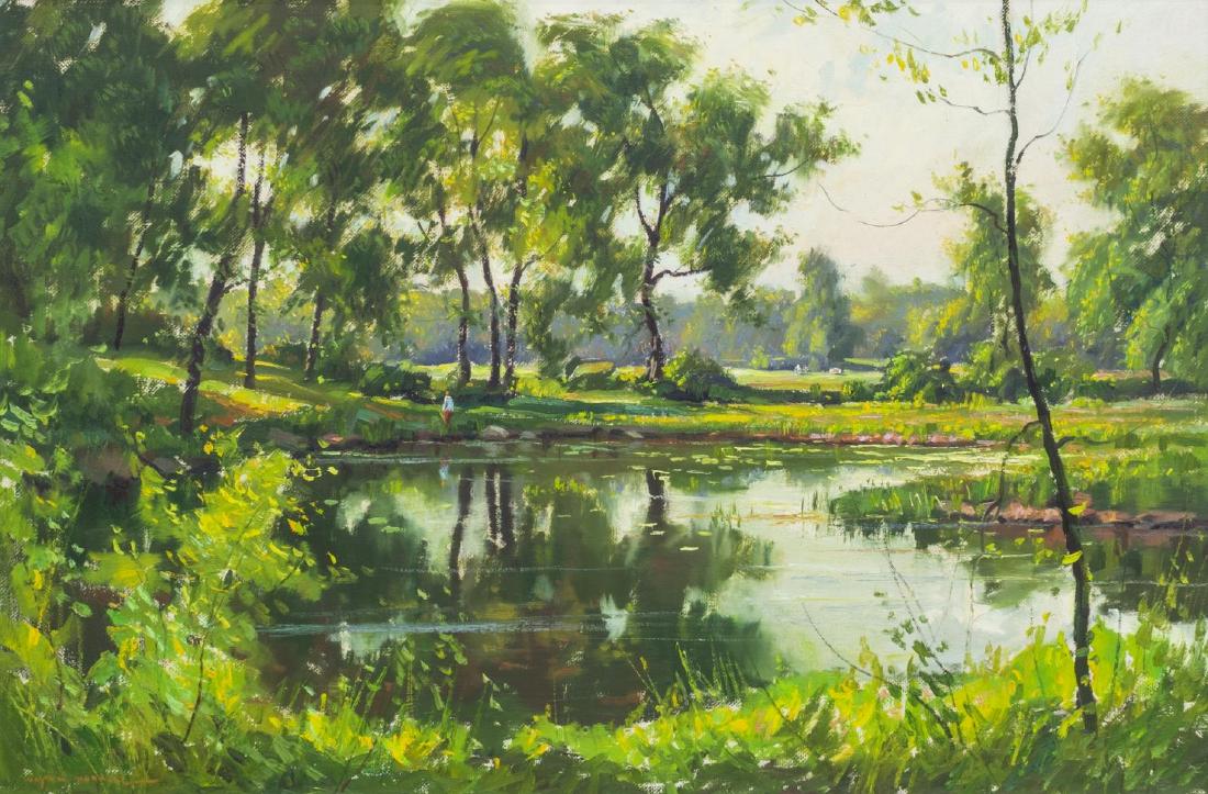 WAYNE BEAM MORRELL (D.2013) SUMMER TIME PAINTING: Framed oil on canvas painting, "Summer Time," signed lower left Wayne Morrell (Wayne Beam Morrell, Massachusetts, New Jersey, 1923-2013), Grand Central Art Galleries label verso with title, canvas: ap