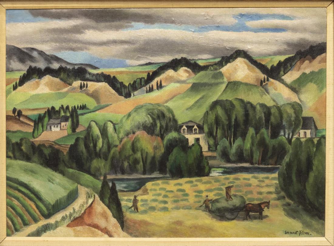 ERNEST FIENE RURAL FARMLANDS LANDSCAPE PAINTING: Framed oil painting on canvas, Rural Farmlands, signed lower right Ernest Fiene, attributed to Ernest Fiene (United States, 1894-1965), sight: approx 19.5"h, 27.5"w, overall: 30.5"h, 38"w, 10.25lbs St