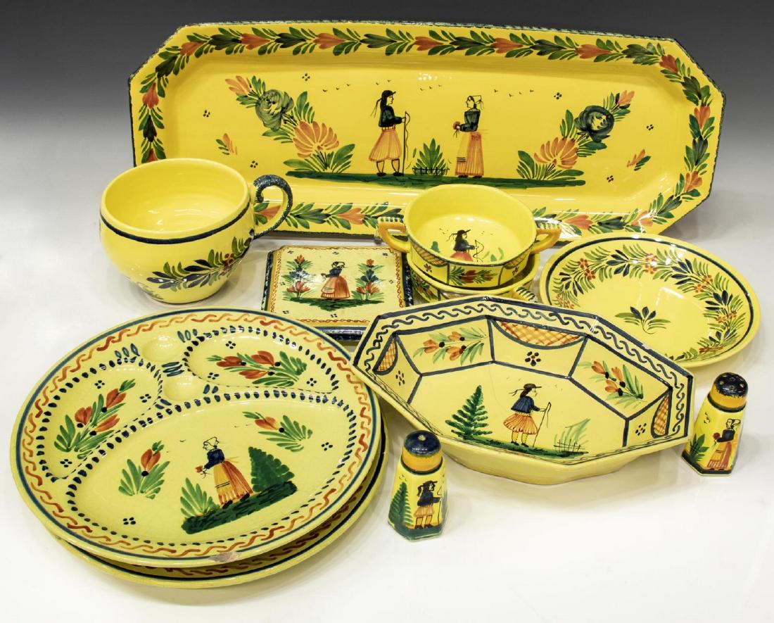 (11) HB, HENRIOT, MARSHALL FIELDS QUIMPER POTTERY: (lot of 11) Quimper pottery tableware group, all having a yellow ground, floral and Breton figural decoration, most mostly HB and Henriot marks, including: (1) HB long service tray with canted corners