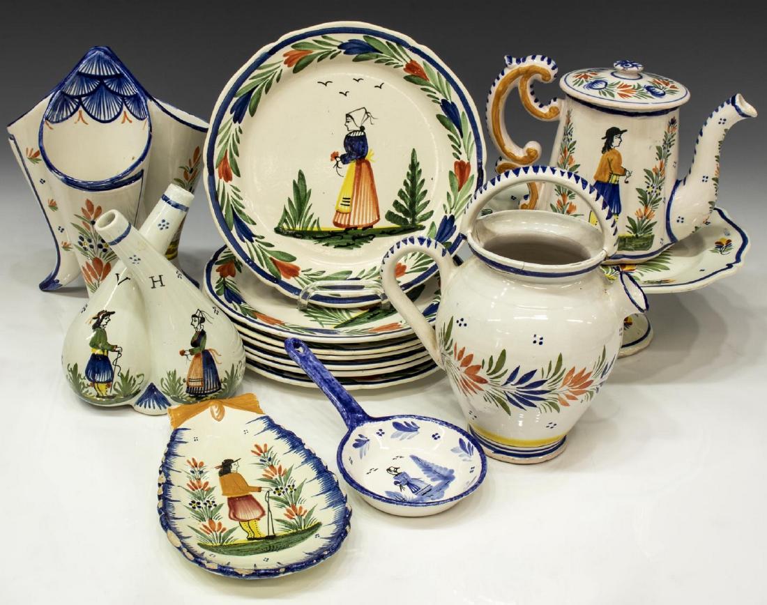 LARGE LOT HB & HENRIOT QUIMPER POTTERY TABLEWARE: (lot) Collection of Quimper faience pottery tableware, Henriot and HB, various floral and Breton figural scenes, including: (7) HB plates, (five) with male figure, (two) with female; (1) miniature HB 