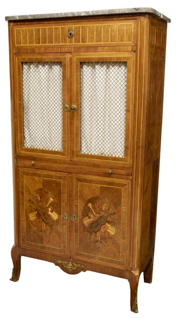 FRENCH MARBLE-TOP MARQUETRY SHEET MUSIC CABINET: French marble-top music cabinet, 19th c., having marquetry inlaid musical instruments, a single drawer above the screened doors opening to the shelved interior, at center a pull-out tray, two lower do