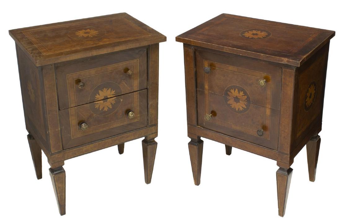 (2) ITALIAN MAGGIOLINI STYLE MARQUETRY NIGHTSTANDS: (pair) Italian Neoclassical style marquetry bedside cabinets, 20th c., in the manner of Giuseppe Maggiolini (Italy, 1738-1814), the rectangular top over two drawers, stringwork surrounding floral marq
