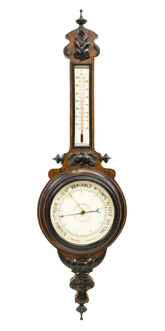 FRENCH PLACE DU PONT NEUF BAROMETER & THERMOMETER: French barometer and thermometer, 19th c., Place du Pont Neuf, Paris, with a thermometer over a round face barometer, approx 30"h, 8.5"w, 2.25"d, 4lbs Start Price: $100.00