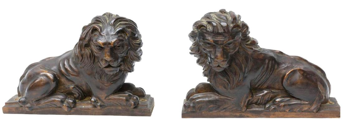 (2) ITALIAN ARCHITECTUAL ELEMENTS, RECUMBENT LIONS: (pair) Italian architectural elements, 19th c., each as a recumbent lion, approx 8"h, 12"l, 2.75"w; 5.5lbs total Start Price: $100.00