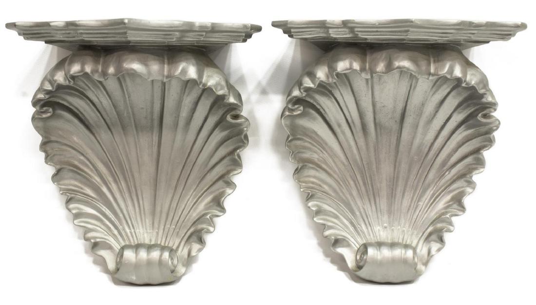 (2) SILVER GILT COMPOSITE SHELL-FORM WALL BRACKETS: (lot of 2) Silver gilt composite wall brackets, 20thc., modeled as shells, each approx 7"h, 11.25"w, 11"d; 8.5lbs total Start Price: $50.00