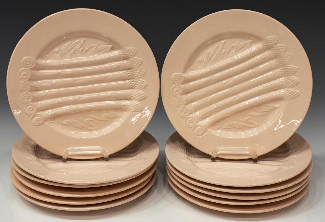 (12) BELGIAN BOCH LA LOUVIERE ASPARAGUS PLATES: (lot of 12) Belgian ceramic asparagus plates, 20th c., Boch Freres La Louviere, in a pink glaze, approx 9.75"diam; 16.5lbs total Start Price: $80.00