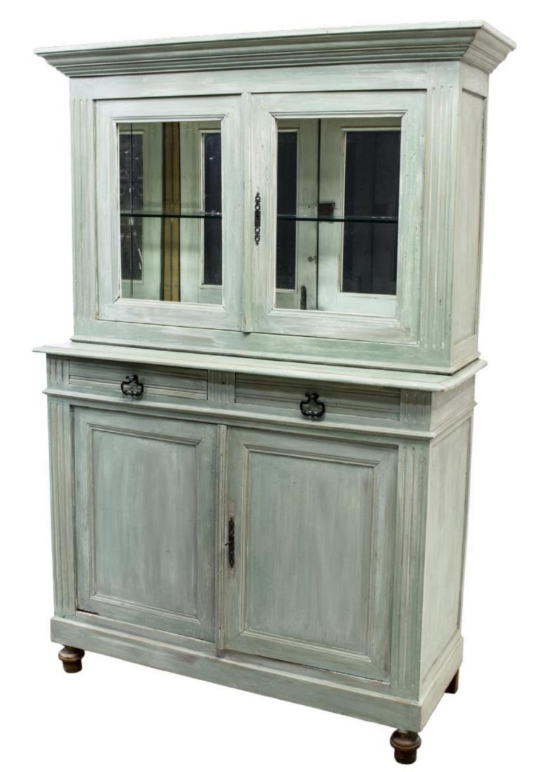 FRENCH PAINTED STEPBACK DISPLAY SIDEBOARD: French painted display sideboard, upper stepback cabinet with cornice top, glazed double doors, mirrored interior with glass shelf, over lower case fitted with two drawers over two doors, rising on tu