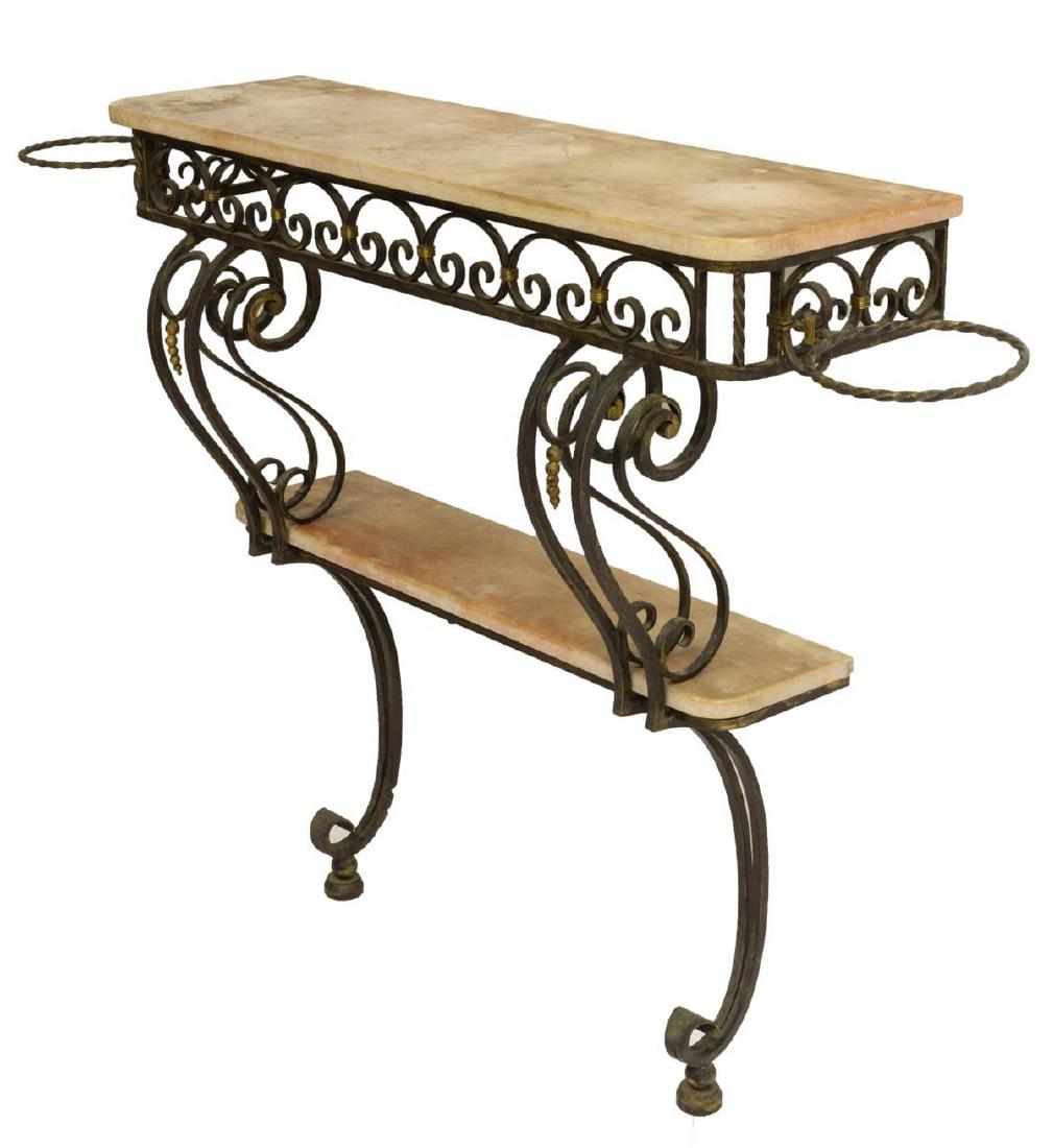 FRENCH WROUGHT IRON CONSOLE TABLE PLANTER: French garden console table, 20th c., having scrolled wrought iron frame, with openwork apron, two marble tiers, flanked by planter rings, on volute supports, wall mounted, approx 40"h, 57"w, 14"d Sta
