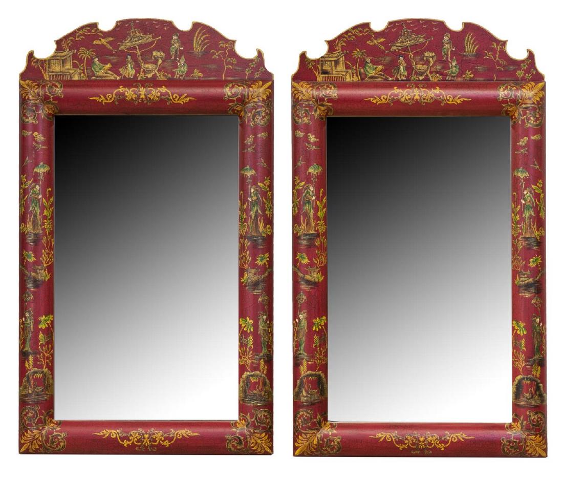 (2) DESIGNER CHINOISERIE BEVELED WALL MIRRORS: (pair) Chinoiserie wall mirrors, late 20th c., in faux crackled red lacquer finish, shaped crest, with figural scenes, molded frame centering beveled mirror plate, approx 41.75"h, 24"w; 46lbs total St