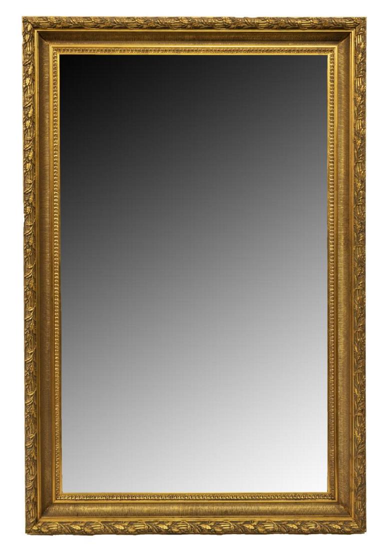 LARGE LA BARGE GILT FRAMED BEVELED WALL MIRROR: Large La Barge wall mirror, 20th c., gilt frame with foliate and egg and dart molding, centering beveled mirror plate, approx 68.75"h, 44.75"w Start Price: $150.00