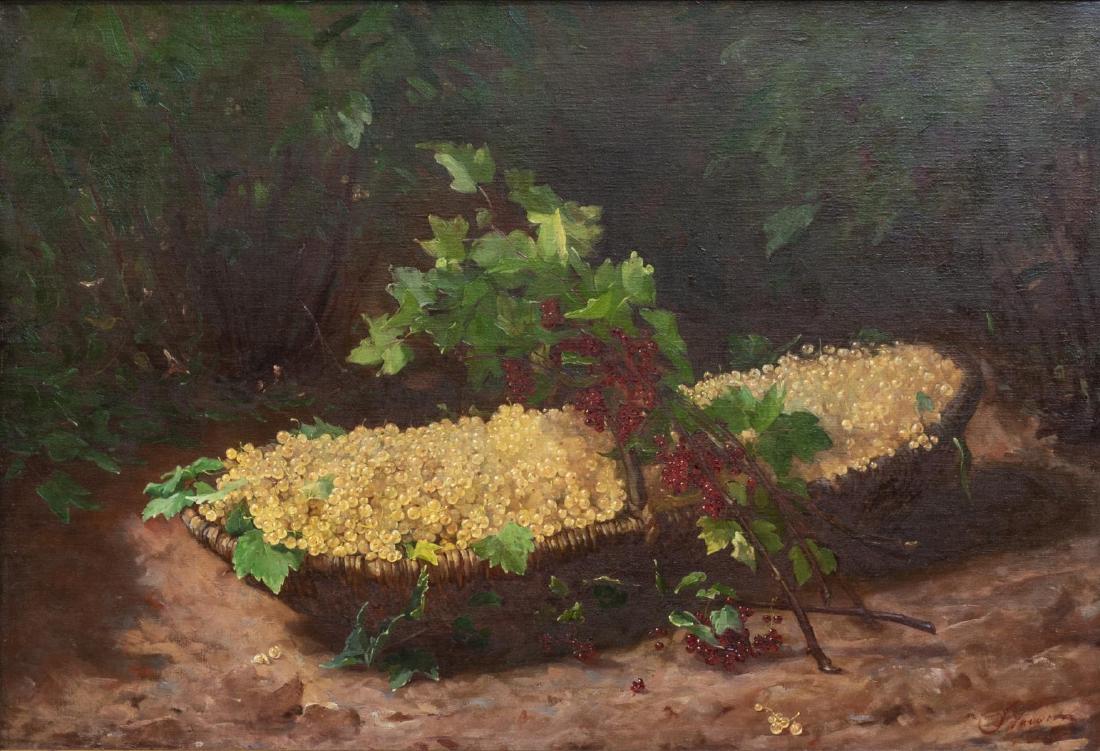 FELIX JULES NAIGEON (D.1904) STILL LIFE W/ GRAPES: Framed oil painting on canvas, Basket of Chardonnay Grapes, signed J. Naigeon (Felix Jules Naigeon, France, 1855-1904), and dated 1881 lower right, sight: approx 25"h, 36"w, overall: approx 32.5"h, 44