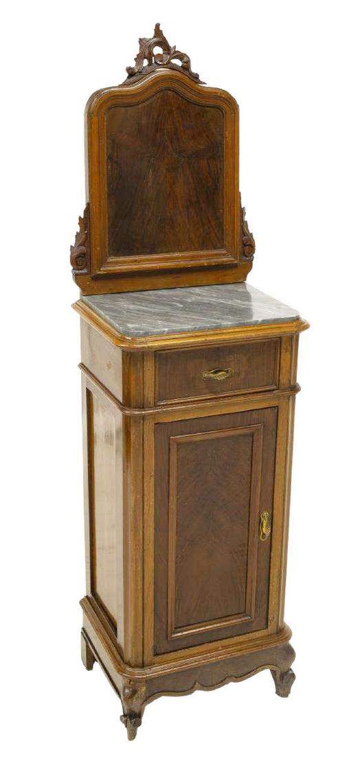 LOUIS XV STYLE ROSEWOOD NIGHTSTAND W/ RAISED BACK: Louis XV style rosewood bedside cabinet, late 19th c., having raised back with carved and pierced foliate crest, over marble top, case fitted with drawer over cabinet, opening to interior shelves, ris
