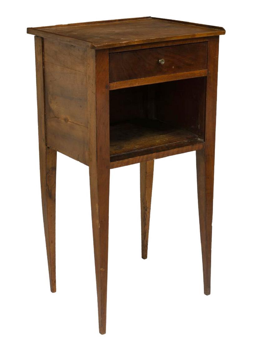 PETITE FRENCH PROVINCIAL BEDSIDE NIGHTSTAND: French Provincial nightstand, early 20th c., rectangular case, fitted with single drawer over open niche, rising on square tapering legs, splits to side panels, approx 30.75"h, 16.5"w, 12.5"d Start Pr