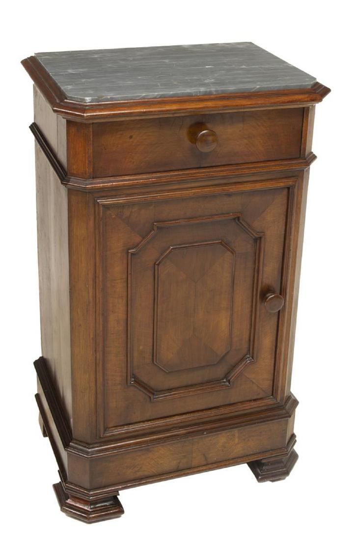 FRENCH LOUIS PHILIPPE MARBLE-TOP NIGHTSTAND: French Louis Philippe bedside cabinet, 19th c., having marble top, case fitted with drawer over cabinet with paneled door, opening to interior shelves, rising on bracket feet, fracture to marble top, 