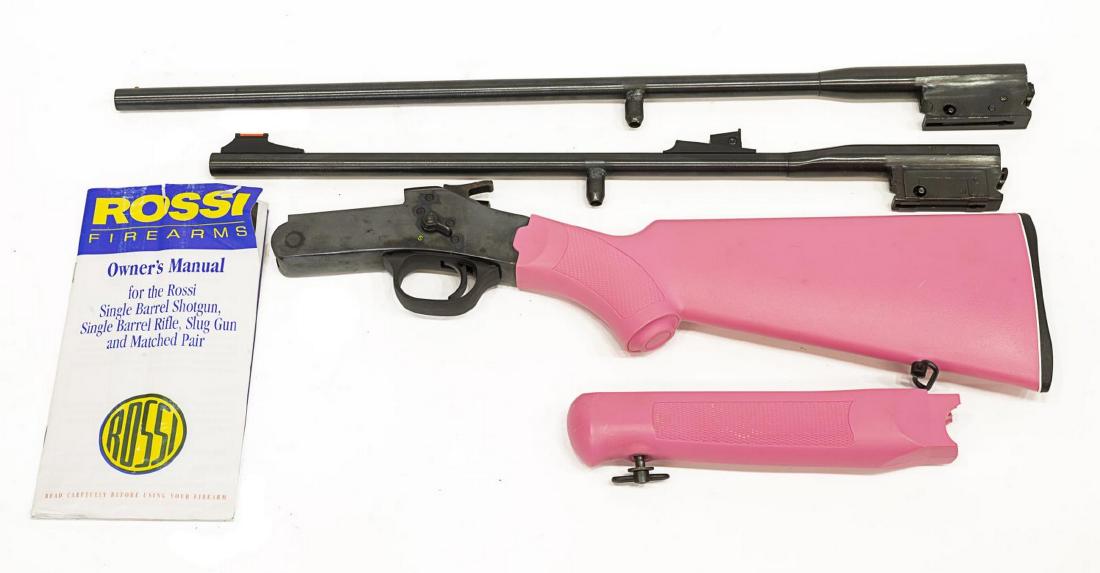 ROSSI TWO BARREL YOUTH SHOTGUN / RIFLE: Taurus Rossi Two Barrel Youth Shotgun/ Rifle, changeable barrels with (1) 18" barrel, .410 slug only; (1) 18.5" barrel, .22LR caliber, pink synthetic stock, soft case with owner manual, SN SR084XXX, S