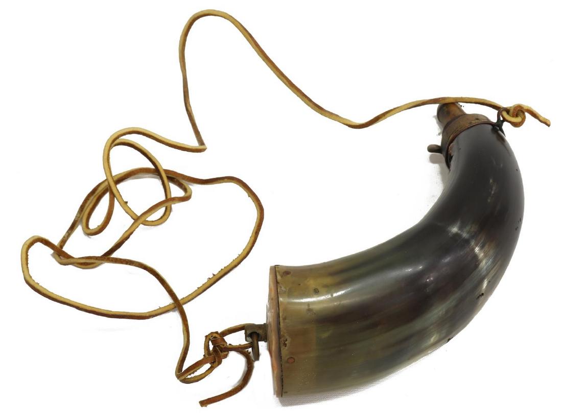 ANTIQUE DIXON & SONS POWDER HORN FLASK: Powder horn by Dixon & Sons, Sheffield, England, (James Dixon & Sons), 19th c., cow horn with copper spout, the opposite end in mother of pearl with a lanyard ring, overall: 8.25"l, Start Price: $50.0