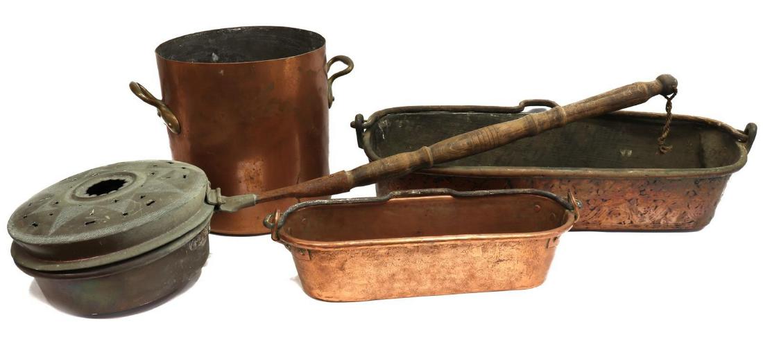 (4) COLLECTION OF CONTINENTAL COPPER ITEMS: (lot of 4) Collection of Continental copper household items, 19th c., comprising: (1) bed warmer, (1) pot, (2) long handled pots, largest: approx 5"h, 42"l, 12.25"w; 30.5lbs total Start Price: $100.00