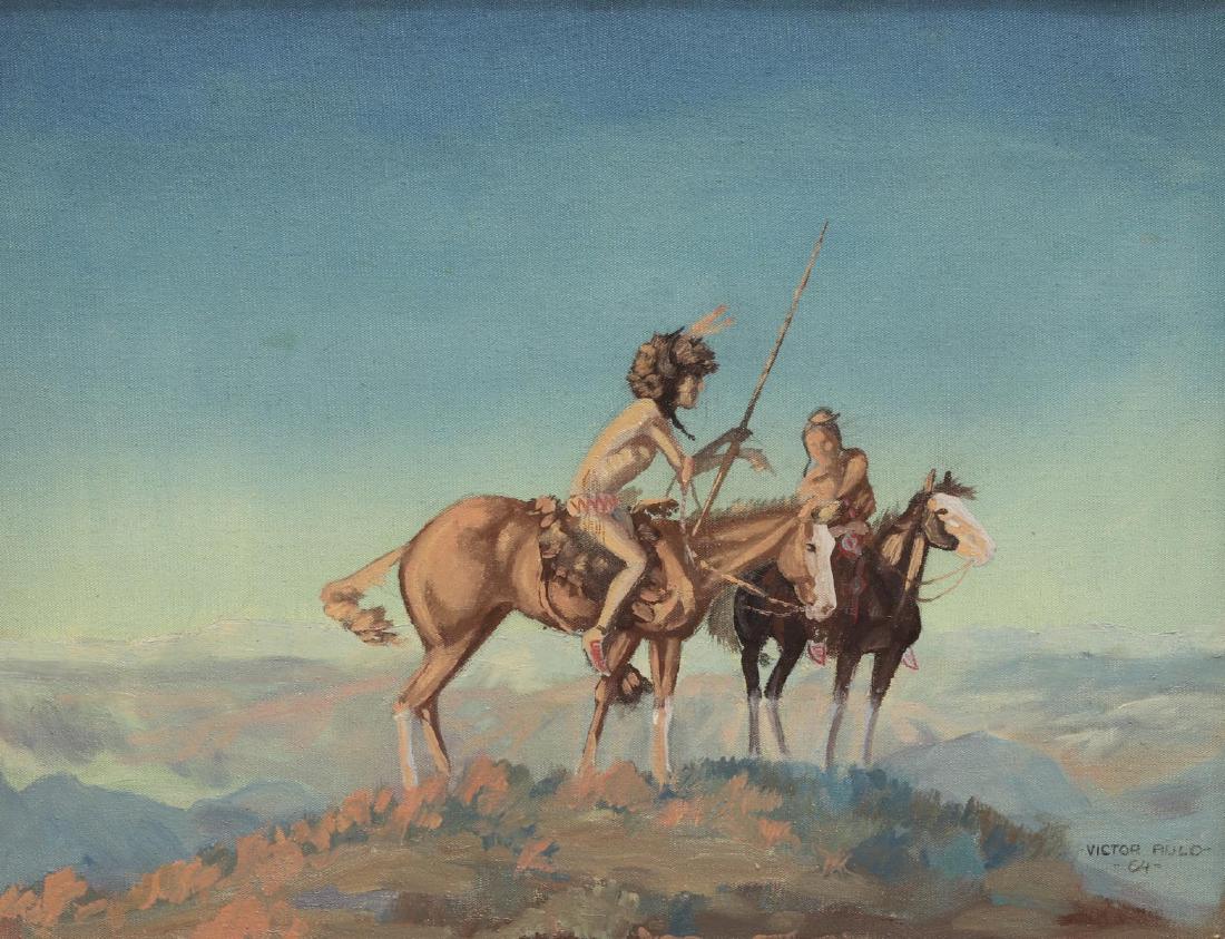 VICTOR AULD NATIVE AMERICAN WESTERN OIL PAINTING: Framed oil on canvas painting, Native Americans on Horseback, signed Victor Auld (United States, 20th c.), and dated 1964 lower right, sight: approx 16.25"h, 21.25"w, overall: approx 22.25"h, 27.25"w,
