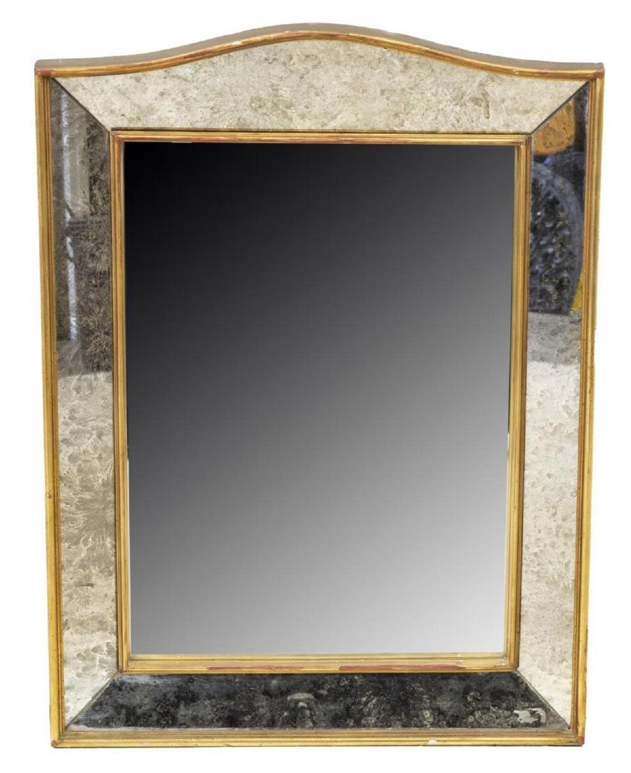 FRENCH GILT SEGMENTED WALL MIRROR, 20TH C.: French gilt wall mirror, 20th c., the shaped top over a segmented mirror plate, the outer plates showing an antiqued silver finish, approx 31"h, 24"w, 19lbs Start Price: $100.00