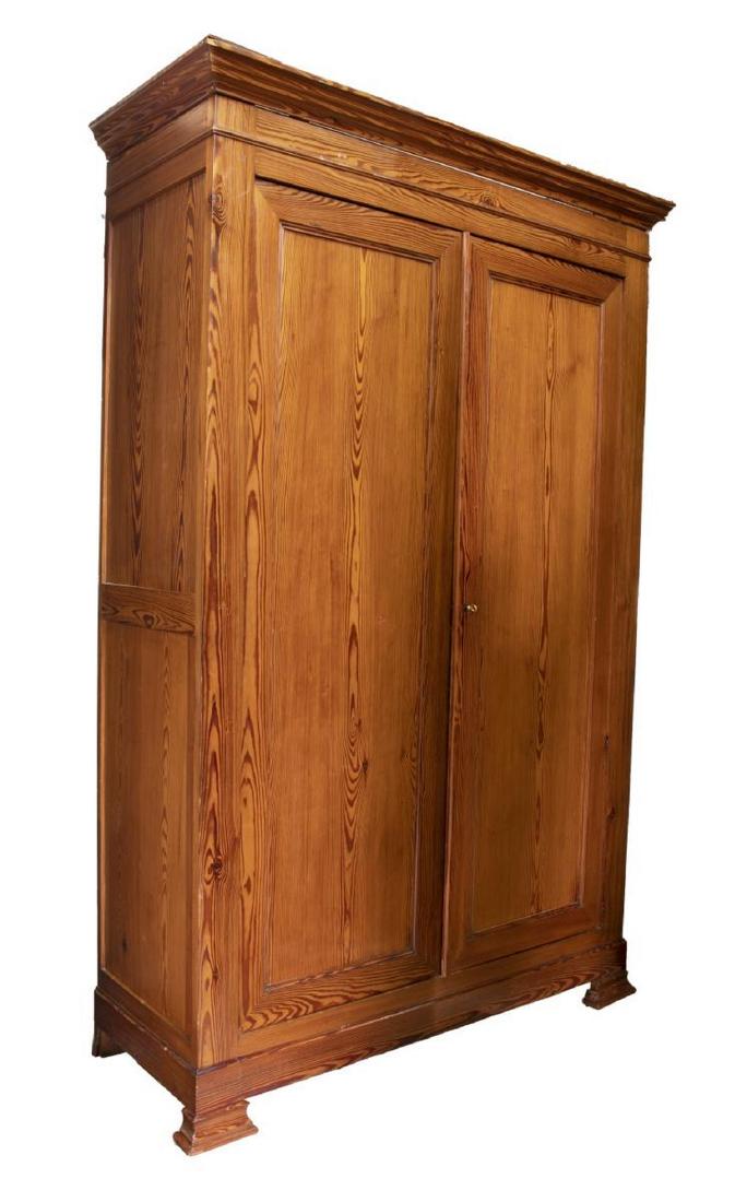 FRENCH LONGLEAF PINE ARMOIRE: French long leaf pine armoire, 19th c., having stepped cornice above double doors, opening to interior fitted with three shelves, approx 90.5"h, 59.25"w, 23.5"d Start Price: $200.00