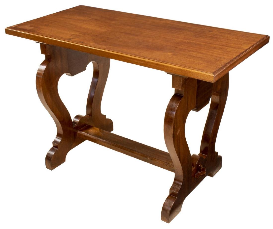 FRENCH MAHOGANY TRESTLE WORK TABLE: French mahogany work table, 20th c., the stepped rectangular top rising on a shaped trestle base, approx 30"h, 43.5"w, 21.5"d Start Price: $150.00
