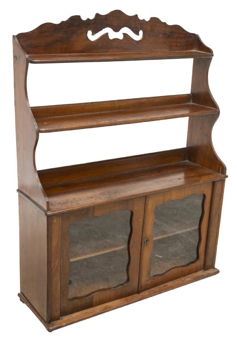 FRENCH WALNUT WALL SHELF CURIO, 20TH C.: French walnut wall shelf, 20th c., the shaped top with cut out design over two open shelves, two glazed cabinet doors opening to interior shelving, approx 29.5"h, 22.5"w, 7"d Start Price: $80.00