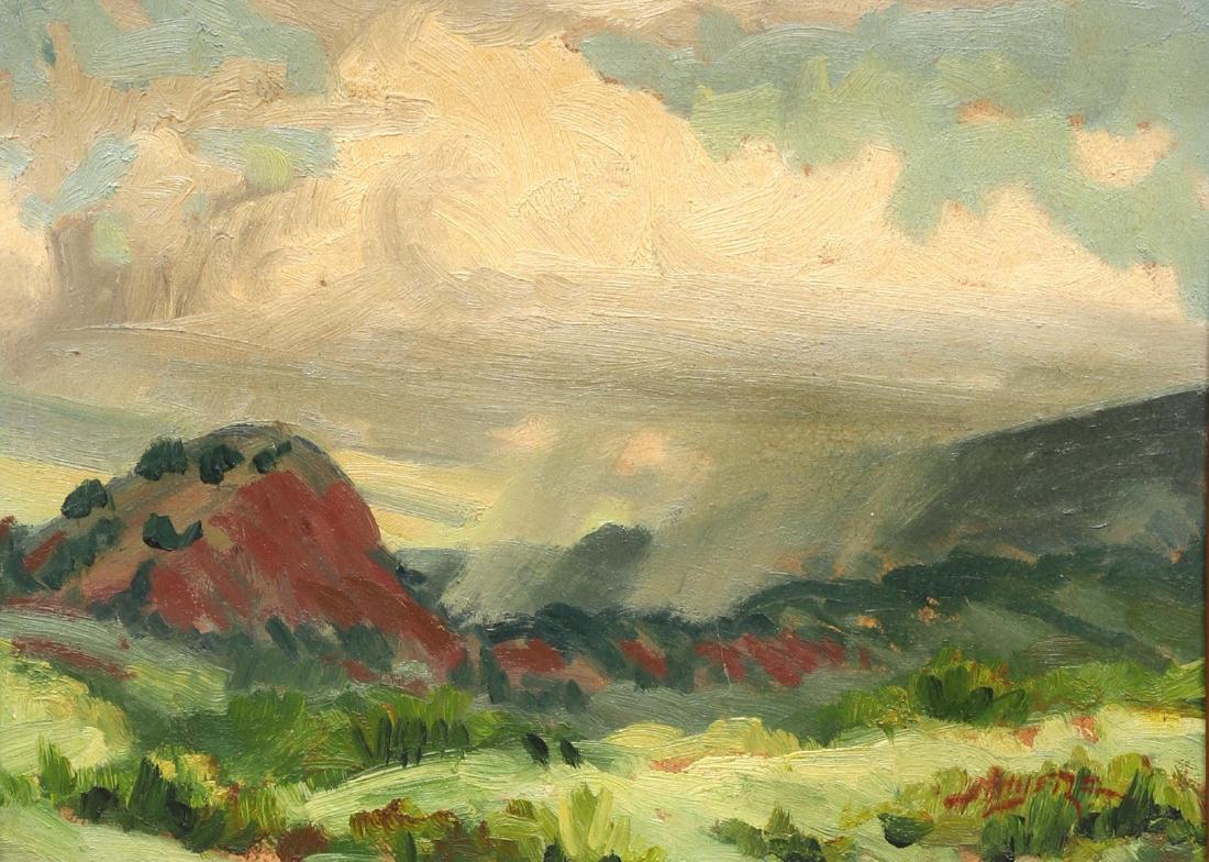 JOHN MOYERS (B.1958) PLACITAS, NEW MEXICO PAINTING: Framed oil on board painting, "Placitas Shower," signed lower right Moyers (John Moyers, New Mexico, Canada, b.1958), titled verso, Taos Art Gallery label verso, sight: approx 8.5"h, 11.5"w, overall: