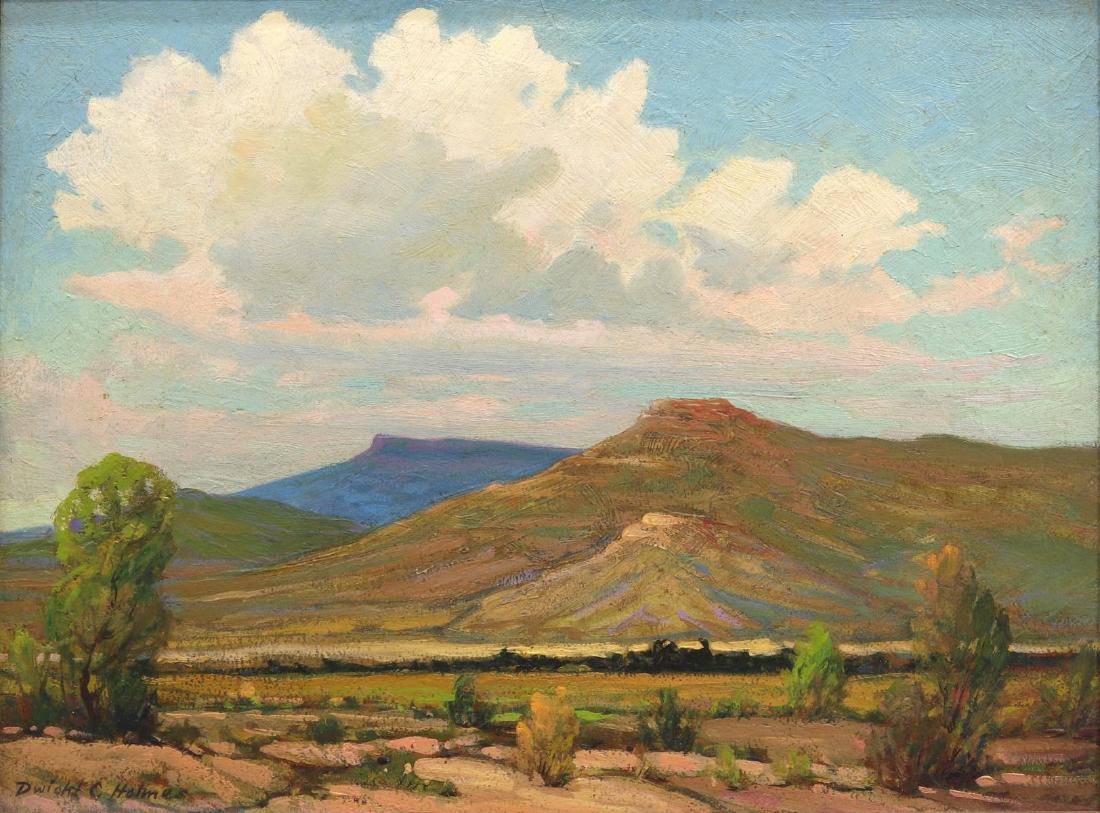 DWIGHT C. HOLMES (1900-1986), DESERT & MESAS: Framed oil painting on board, Desert & Mesas, signed lower left Dwight C. Holmes (Dwight Clay Holmes, Texas, California, 1900-1986), Holmes name card at verso, chip on wood frame not affecting paintin