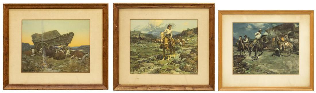 (3) WESTERN PRINTS AFTER FRANK TENNEY JOHNSON: (lot of 3) Framed western prints, unsigned, after Frank Tenney Johnson (California, Iowa, 1874-1939), largest: sight: approx 14.5"h, 18"w, overall: approx 23.25"h, 27.25"w; 20lbs total **Provenance: F