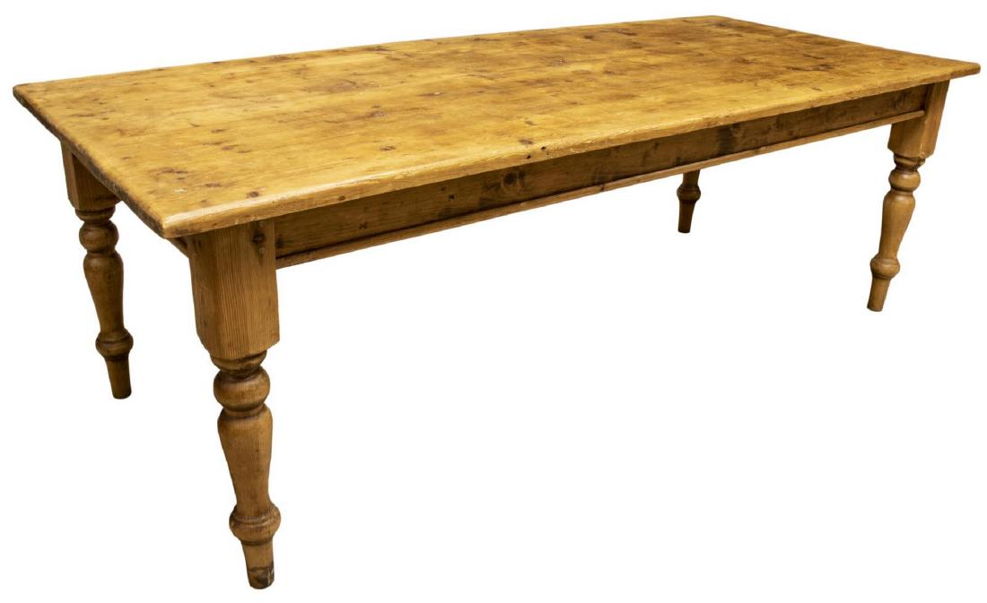 LONG RECTANGULAR PINE HARVEST FARMHOUSE TABLE: Pine dining table, 20th c., having rectangular top, rising on turned legs, approx 30.25"h, 90.25"w, 38.75"d Start Price: $150.00